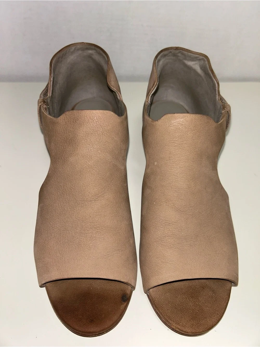 Eileen Fisher Tan Nubuck Peep Toe Cutout Wedge Heel Bootie Sandal